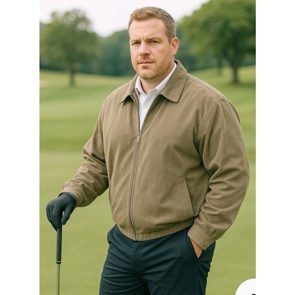 M791)Gary Player Tan Faux Suede Golf Full Zip Long Sleeve Large Bomber Jacket - Picture 1 of 11